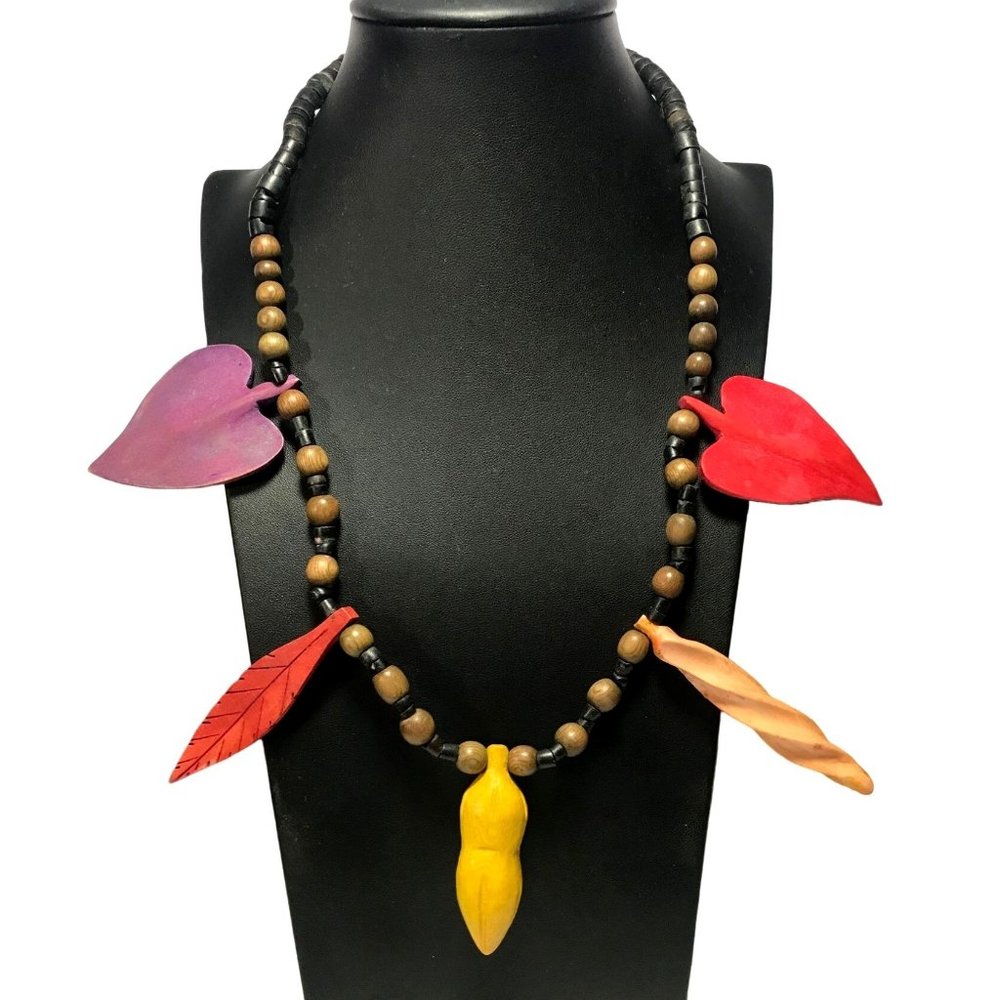 Unique Vintage Hand Carved Wood Cacao Fruit Tropical Leaf and Bead Necklace